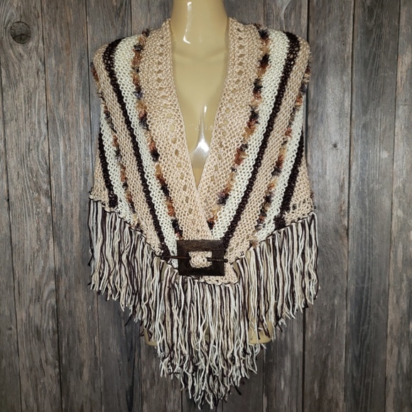 Beige Brown Hand Knitted Shawl Scarf Wrap Boho New - Picture 8 of 9
